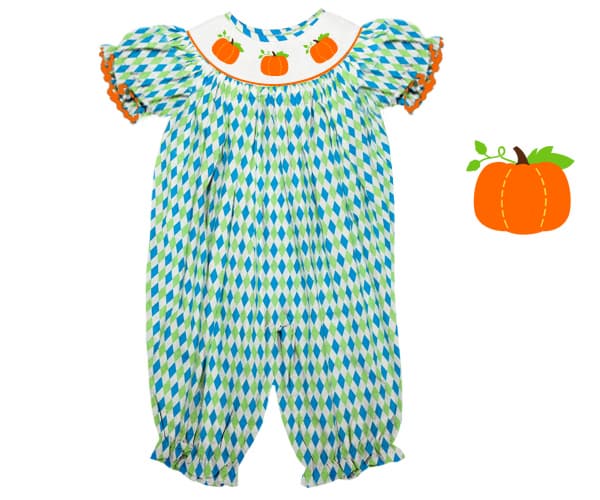 Pumpkin smocked bubble for baby girls